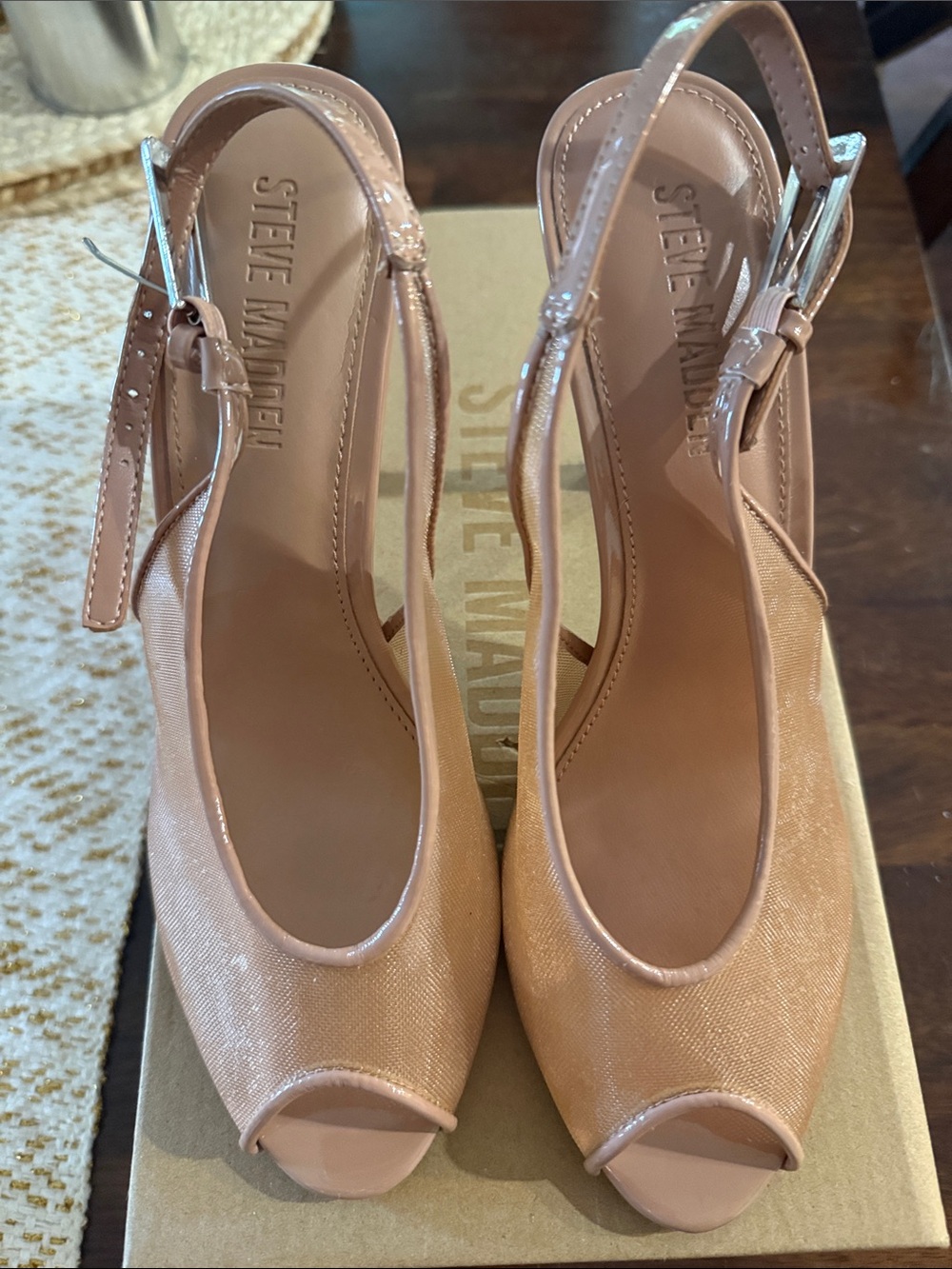 Steve Madden Nude/Blush Patent Slingback Peep-Toe Heels